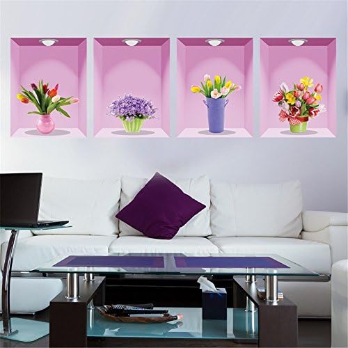 MiZuJ Simulation Photo Frame Decorative Painting for Bedroom/Living/Room/Nursery/Kids Room Flowers Wall Sticker 3D combination vase Applique(4 sheets)