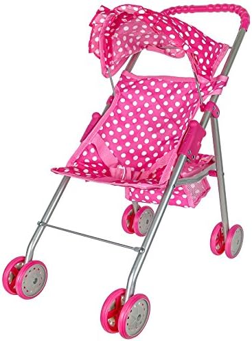 Precious Toys Pink &amp; White Polka Dots Foldable Doll Stroller With Hood