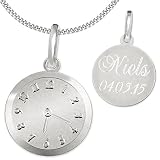 Clever Schmuck Set mit Gravur: Silberner Anhänger Geburts-Uhr matt und glänzend mit wählbarer Kette, beides STERLING SILBER 925 im Etui