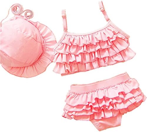 Sallyshiny Baby Girls' Swimsuit Ruffle Layer Swimwear Bikini Bathing Suit With Hat Summer Beach Wear (7-8Y, Pink)
