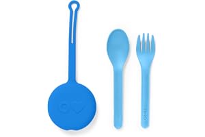 OmieBox Kids Utensils Set with Case - 2 Piece Plastic, Reusable Fork and Spoon Silverware with Pod for Kids (Capri Blue)