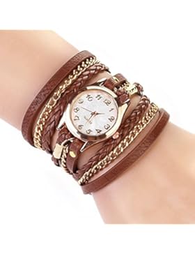 Frauen Damen Uhr Weben Wickeln Niet Leder Armband Quarz Analog Armbanduhr (Braun)