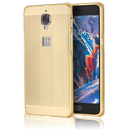 Preisvergleich Produktbild OnePlus 3 Hülle,Sunroyal Ultra-dünne Metallgehäuse Hybride Alurahmen Rückwandplatine Schutzhülle,Luxus Gold Metal Frame Aluminium Metal Bumper Gehärtetem Glas Back Cover Stoßfest Kratzfeste Handy Schutzhülle Tasche Case für OnePlus 3-Gold