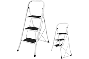 QIMU 3 Step Ladder, Portable Folding Heavy Duty Ladder, Steel Step Ladder Stool, Non-Slip Steps, 150kg Capacity,Easy to Store,Ideal for Home/Kitchen/Garage/Office/Market/Garden