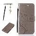 Produktbild Sony Xperia M2 Hülle, Sony Xperia M2 Schutzhülle, Alfort 3 in 1 Lederhülle Fashion Design Premium PU Leder Hohe Qualität Tasche Case Cover Kasten Abdeckung Wallet für Sony Xperia M2 4.8" Smartphone Funktion Standfunktion Unterstützte Telefone und Magnetverschluss mit Schmetterling ( Grau ) + Alfort Schwarz Stylus Pen + Netter Staub Stecker