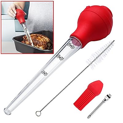 KAYCROWN Poire à Sauce Poulet Turquie Barbecue avec Brosse de Nettoyage, Aiguille d'Injecteur, Pinceau Burette de Barbecue de qualité FDA en Caoutchouc Ampoule en Acier Inoxydable