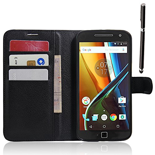 Funda Moto G4   G4 Plus - EUGO Funda Cuero Resistente  Soporte Plegable  Ranuras para Tarjetas y Billetes  Estilo Libro  Acceso a Botones   1    Negro Stylus Pen - Negro