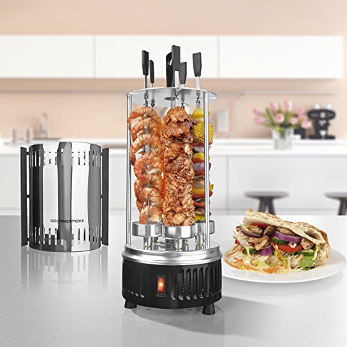 GOURMETmaxx Spießgrill 3in1 900W Edelstahl- für Schaschlik und Gyros, Dreh-Grill mit Schutzgitter inklusive 5 Spieße, vertikaler Kebab-Grill