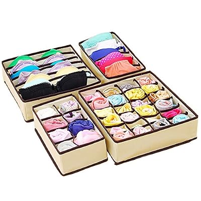 Joyoldelf Lot de 4 Organisateur de Tiroir Pliable Non-tissé pour Sous-vètements, Soutien-gorges, Chaussettes Boîte de Rangement à Compartiment Gain de Place, Beige