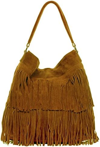 BACCINI® hobo bag - woman shoulder bag SAMIRA with frings | ladies leather bag with long shoulder strap | women´s bag light-tan leather bag | PREMIUM-QUALITY