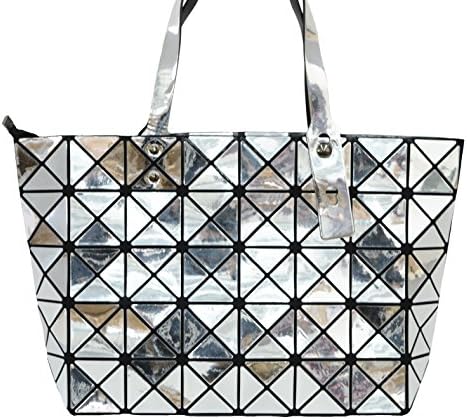 Women Fashion Rhombus Pattern PU Tote Bag Shoulder Bags Top Handle Bags (Silver)