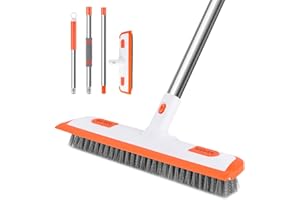 XUXRUS Floor Brush, Sweeping Brush With Scraper & 46in Adjustable Long Handle Hard Hair Floor Brush For Cleaning Kitchen, Bathroom, Patio, Wood Floor, Stone Floor, Tile Floor(Orange)