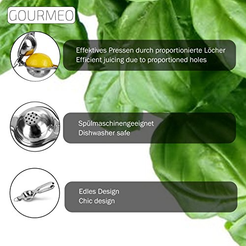 GOURMEO Premium Zitronenpresse aus rostfreiem Edelstahl | 2 Jahre Zufriedenheitsgarantie | Zitrus-Presse, Citruspresse, Zitronengreifpresse, Manuelle Saftpresse, Lemon Squeezer, für Zitronensaft, Orangen-Saft, Limetten-Saft, Citrus Press - 2