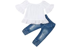 Geagodelia Ensemble de Vêtements 2 Pièces Bébé Fille Chemisier Barboteuse à Manches Longues T-Shirt en Dentelle + Pantalon en Jean Déchiré Lace en Bas Enfant Été Outfit Tenue