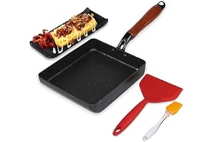 Artcome padella giapponese per omelette con rivestimento antiaderente Tamagoyaki Egg Pan rettangolare, con spatola e pennello in silicone, piastra nera e gomma magica, 17,8 x 15,2 cm (nero)