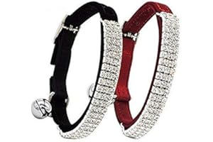 CHUKCHI Collar ajustable de terciopelo suave seguro para gatos, diamantes brillantes con campanas, 11 pulgadas para perros y gatos pequeños (negro + rojo)