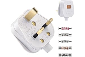 FISYNUG 2 Pack 3 Pin Plug UK 13 Amp Plugs White Plug Fused Mains Plugs with 3A 5A 7A 10A 13A Domestic Fuses Kit