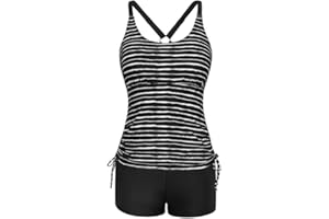 JASAMBAC Women's Strappy Tankini Swimsuits Drawstring Bathing Suits Two Piece Floral Print Swimwear with Shorts