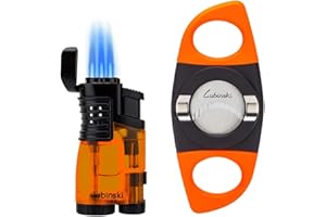 LUBINSKI Juego de regalo de cortador de cigarros y encendedor, encendedor de cigarros multifunción de 3 chorros con perforadora, cierre de seguridad, cortador de cigarros de acero inoxidable (naranja)