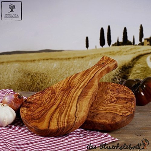 Schneidebrett, Kräuterbrett mit Griff im Naturschnitt aus Olivenholz ca.30cm