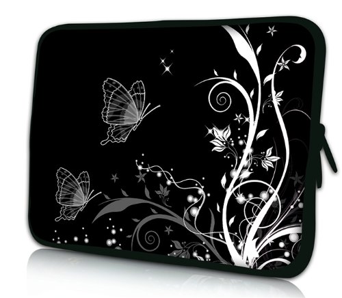 Luxburg® Design Laptoptasche Notebooktasche Sleeve für 13,3 Zoll, Motiv: Pflanzenornament mit Schmetterlingen schwarz/weiß