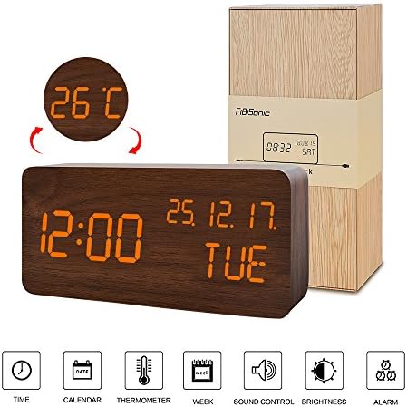 FiBiSonic LED Wooden Clock USB Charging Built-in Battery Digital Clock with Temperature,and Date(brown-orange *update