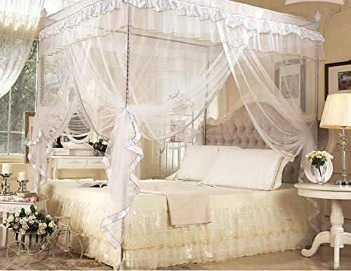White Four Corner Square Princess Bed Canopy Mosquito Netting (Twin)