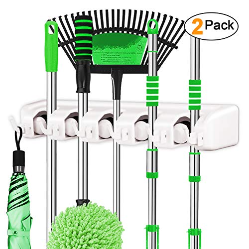 LETMY Broom Holder Wall Mounted - Mop and Broom Holder - Garage Storage Rack&Garden Tool Organizer - 5 Position 6 Hooks for Home, Kitchen, Garden, Tools, Garage Organizing (White, 2 Pack)