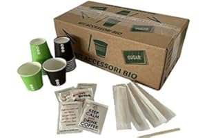 AURACAFFE' kit accessori caffe con 150 Bicchierini Caffè Di Carta Biodegradabili 75ml con Grafica Biocompostabili - 150 Palettine e 150 Bustine Di Zucchero. Made In Italy