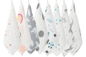 NORINORI Baby Washcloths Muslin Cloths - Muslin Squares hanky Ultra Soft Newborn Face Towels 8Pack Bamboo Cotton 10"X10" 4Layers Reusable Baby Wash Cloths for Boys Girls (Send 5 kinds of patterns randomly)