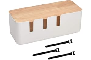 FINZOO 30,2 x 12,5 x 11,5 cm, pudełko do zarządzania kablami, pudełko do przechowywania kabli z drewnianą pokrywką, tworzywo sztuczne ABS, organizer na kable z gumowymi nóżkami, gniazdko do kabla