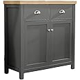 Home Source 2 Door 2 Drawer Sideboard Storage Cupboard with Shelf and Metal Handles, Oak Effect, Dark Grey