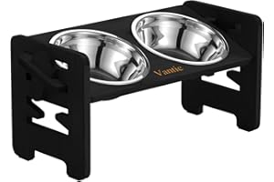 Vantic Hundenapf erhöht mit Ständer, Hundebar höhenverstellbar Futternapf für kleine Hunde und Katzen, haltbar Futterbar Futterstation Bambus mit 2 Edelstahlnäpfen und Rutschfesten Füßen(Schwarz)