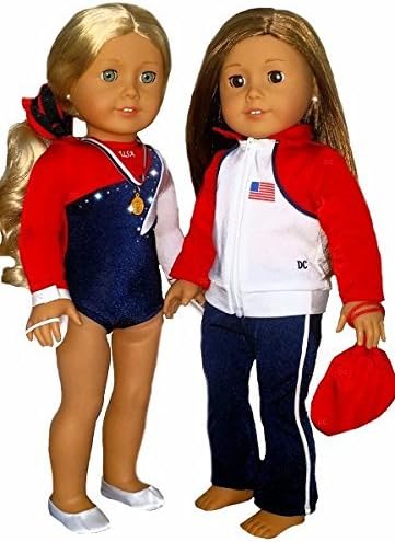 Doll Gymnastics Clothes for American Girl Outfit Includes Jacket Yoga Pants Hand Grips Medal Slippers Olympic Team Sparkly USA Dance Cheer Leotard and Hair Accessory (7 Piece Set) by Doll Connections