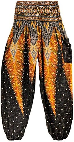 Clemunn Yoga Pants Unisex Thai Harem Trousers Boho Festival Hippy Smock Loose High Waist Cotton Yoga Pants For Women Men (Black, Free Size)