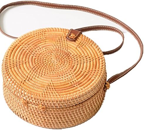 Handmade Round Circular Ata Rattan Wicker Straw Woven Crossbody Beach Basket Bag Bohemian Purse (S, Natural/Beige/Brown Yellow)