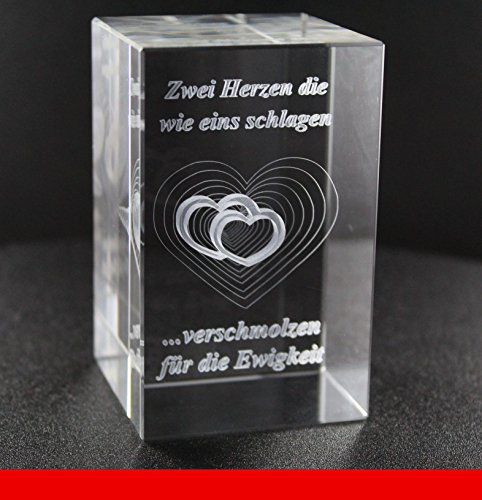 VIP-LASER 3D XL Glaskristall Herzen mit dem Text Zwei Herzen die wie eins schlagen ... verschmolzen für die Ewigkeit! das perfekte Liebesgeschenk zum Jahrestag oder Valentinstag!