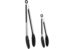 EULERYOO Lot de 2 Pince Cuisine Professionnel, 22,9 cm et 30,5 cm Pince Barbecue en Acier Inoxydable et Silicone Alimentaire, Pince Cuisine Silicone pour la Cuisson au Barbecue Postes de Cuisson, Noir