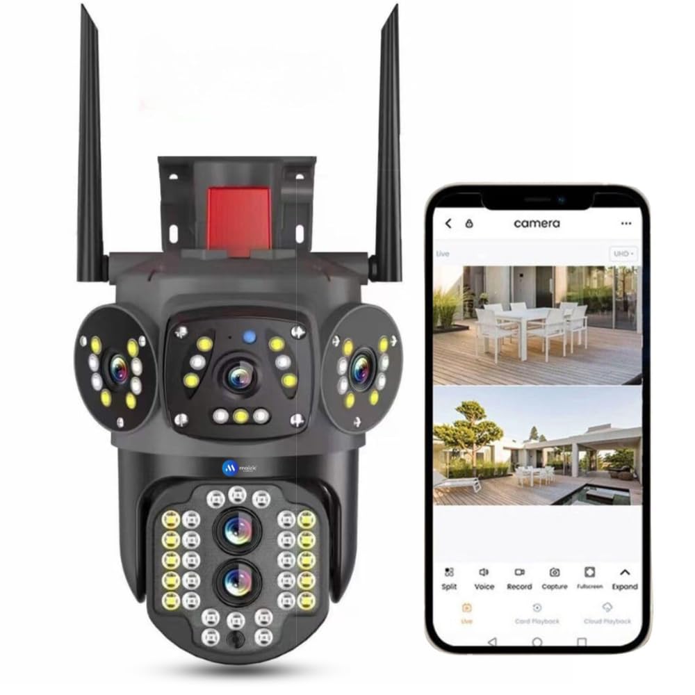 Maizic Smarthome Tricams Triple Screen View/Dual Lens 8 MP FHD WiFi Outdoor CCTV Camera for Home with Color Night Vision, Motion Detection, Two Way Audio and Memory Card Support (Upto 128 GB)