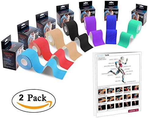 Kinesiology Tape, Zoegate Waterproof Uncut Sport Tapes Muscle Support Tape Roll Latex Free Physio Tape Best Water and Sweat Resistant Muscle Support Adhesive Physio Therapeutic Aid 5cm x 5m + Step Guide (2 Pack-Purple+ Step Guide)