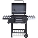 CosmoGrill Outdoor XL Smoker Barbecue Charcoal Portable BBQ Grill, 2 Folding Side Table, Built-in Thermometer, Adjustable Cha