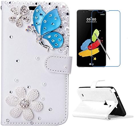 LG Stylus 2 Case, Goforth 3D Handmade Luxury Bling Flower Crystal Rhinestone Premium PU Leather Flip Magnetic Wallet Protective Case Cover with Free Screen Protector &amp; Card Slot for LG Stylus 2 LS775