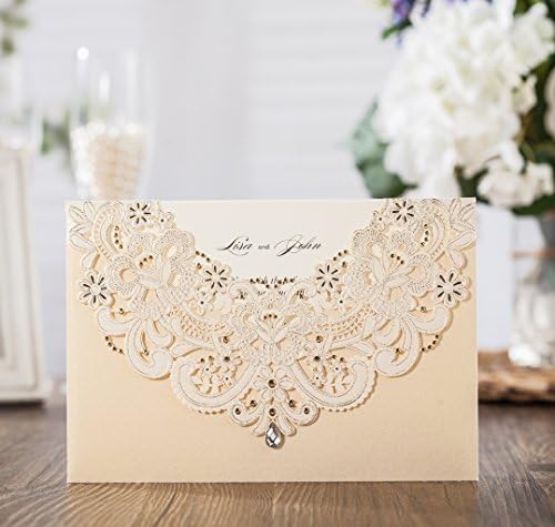 Wishmade 100x Gold Laser Cut Flora &amp; Lace Wedding Invitations Kit With Rhinestone Matched With RSVP &amp; Thank You Card CW6115