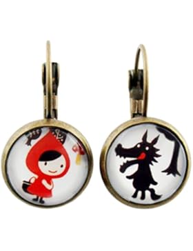 Miss Lovie Damen Mädchen Ohrhänger Rotkäppchen Wolf Ohrringe Cabochon 12mm Waldmotiv Modeschmuck Rot Schwarz Bronze