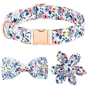 Qpets? 3 pcs Floral Prints Dog Collar Set for Female Puppy, Metal Quick Release Buckle, Dogs Collar with Flower Ties and Bow-Knot for Small Medium Large Dogs, Adjustable (Size:L 15''-24'')