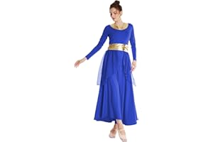 DYMCII Womens Metallic Gold Dance Robe Worship Praise Dress Long Sleeve Loose Fit Liturgical Lyrical Chiffon Skirt Costume