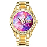 Diamantvergoldete Uhr Luminous Luxury Waterproof Einzigartige Gold-Armbanduhr 172.Galaxy Nebula Glitter Music Note Pink Space