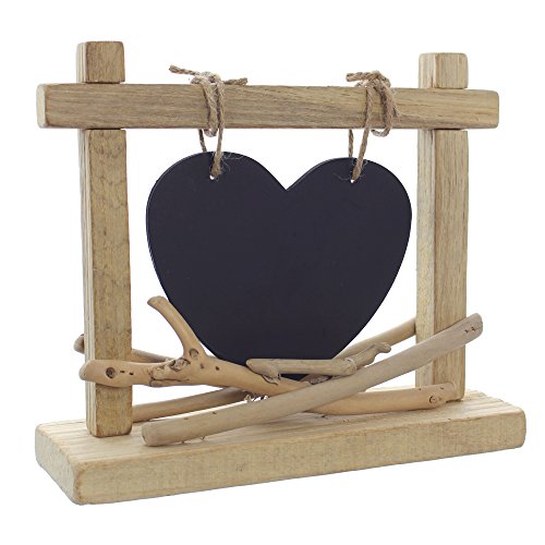 Tisch-Tafel „Herz“ Rahmen aus naturbelassenem Holz, Herz mit Sisalschnur an Rahmen befestigt, schwarz lackiert für Beschriftungen mit Kreide, dekoriert mit kleinen Treibholzästen 25 x 8 x 20 cm, Herz 14 x 13 cm