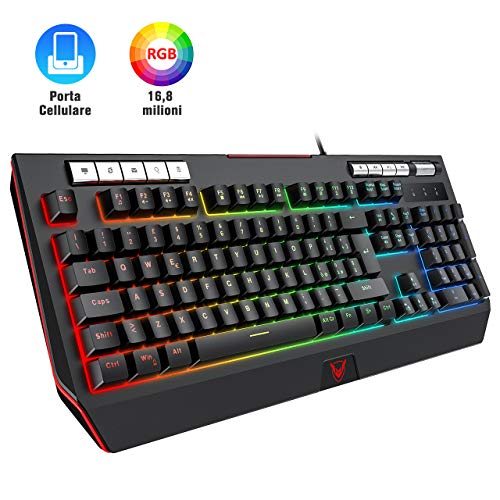 PICTEK Tastiera Gaming RGB, Tastiera da Gioco Retroilluminazione RGB Regolabile con Striscia Luminosa RGB Laterale / Supporto per Cellulare / Rotellina del Volume, per PC Windows- Layout Italiano