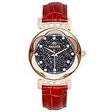 NAKZEN Damenuhr Quarz Wasserdichte Armbanduhr mit sternenförmigem Sky Dial und Diamond Casual Simple Dress Uhren für Mädchen rot